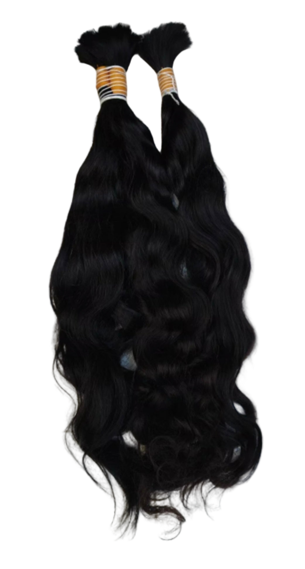 Two bundles of black wavy hair extensions on a white background, The house of BAmor. raw indian temple braiding hair. soft full density braiding hair. raw temple hair wrapped in natural yarn from the temple. single donor raw temple braiding hair
