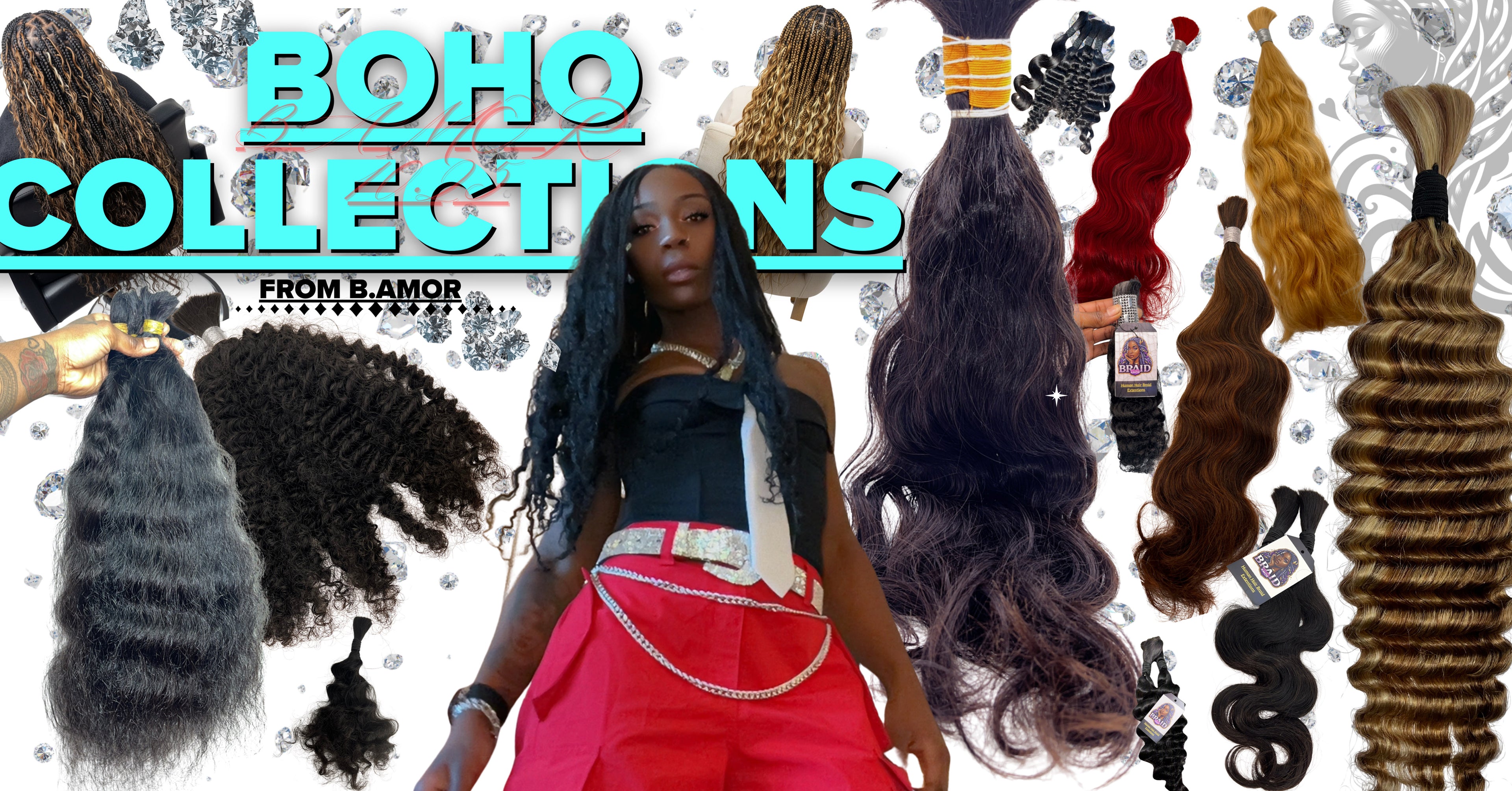 brand designer with styled boho braids surrounded by various hair extensions with 'Boho Collections' text. Black owned braiding hair extensions photo, self made business owner of digital creation for website. model wearing kinky curly hair from luxury luxe collection. natural texture raw human braiding hair bundles. collection of premium quality human braiding hair in differnt textures